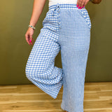 Mixed Gingham Straight Leg Pants - Blue/White - Lace and Grace Boutique