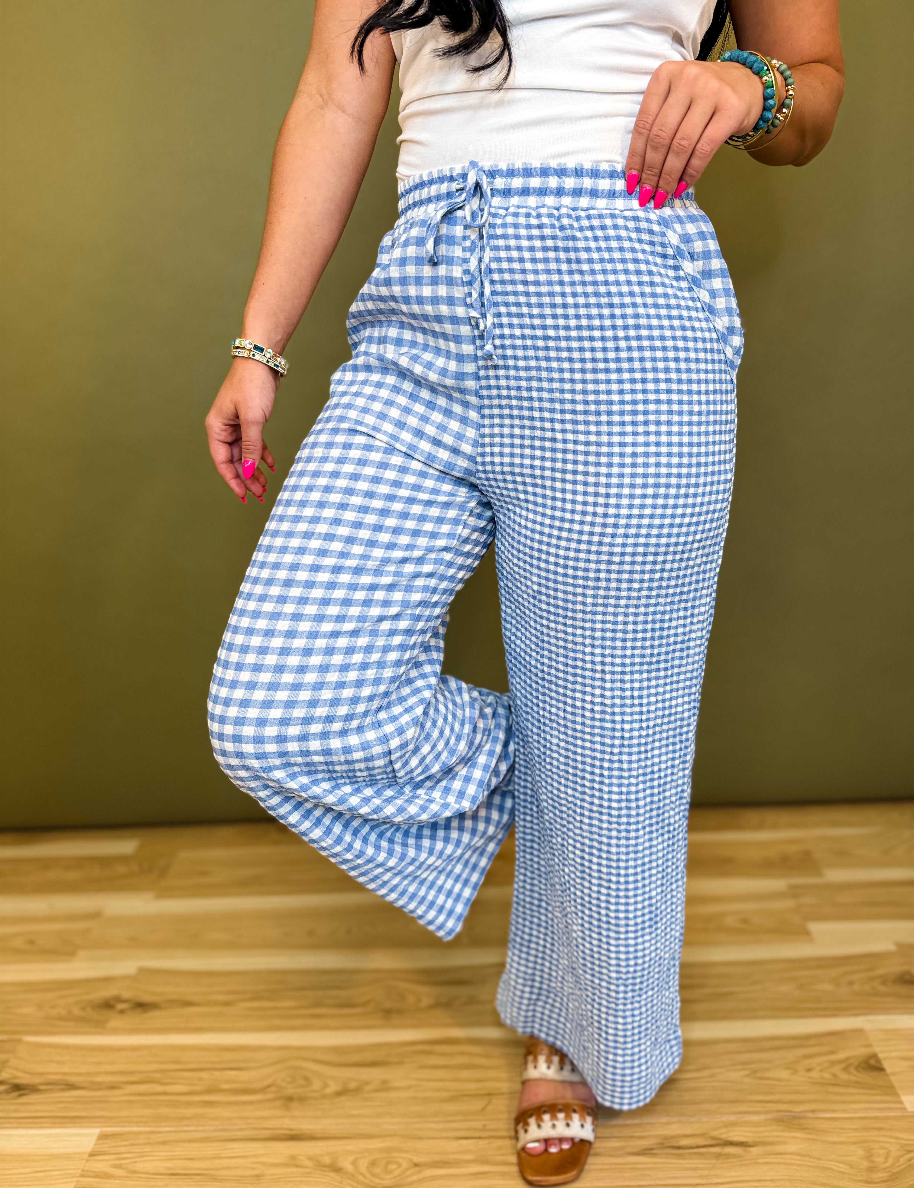 Mixed Gingham Straight Leg Pants - Blue/White - Lace and Grace Boutique