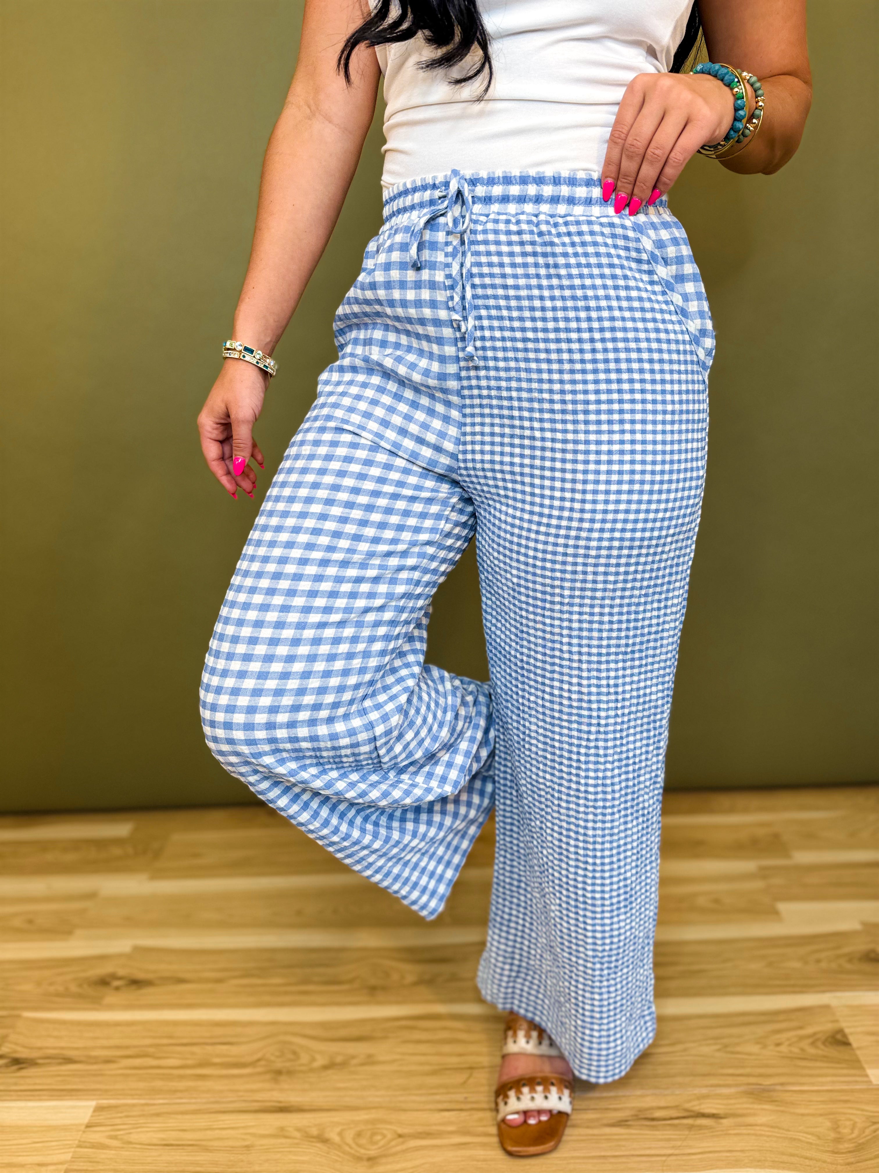 Mixed Gingham Straight Leg Pants - Blue/White - Lace and Grace Boutique