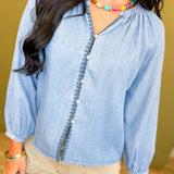 Whipstitch Detail Soft Denim Blouse - Medium Wash