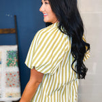 Striped Balloon Sleeve Blouse - Olive - Lace and Grace Boutique