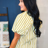 Striped Balloon Sleeve Blouse - Olive - Lace and Grace Boutique