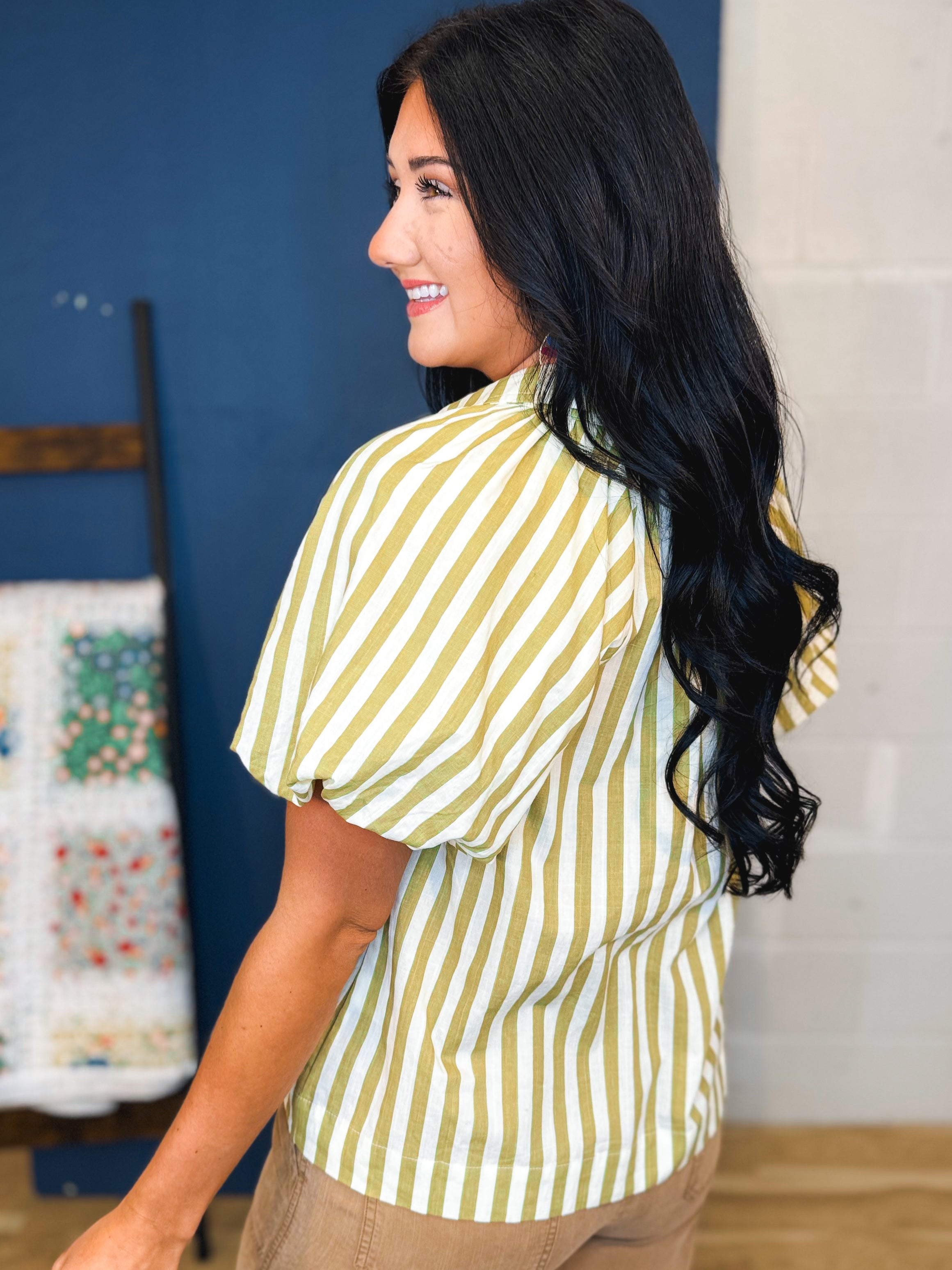 Striped Balloon Sleeve Blouse - Olive - Lace and Grace Boutique
