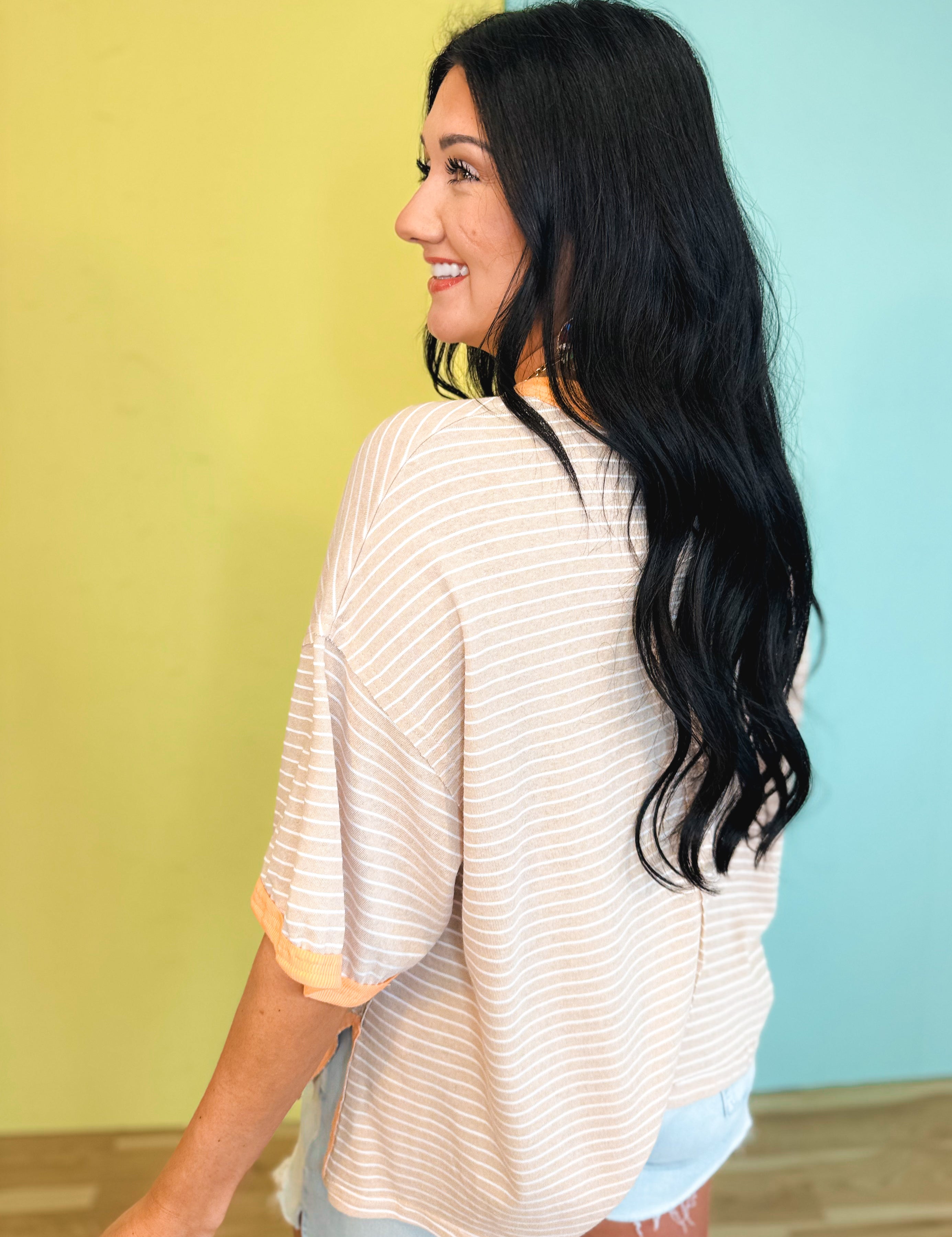 Striped Contrast Drop Sleeve Tee - Linen Multi - Lace and Grace Boutique