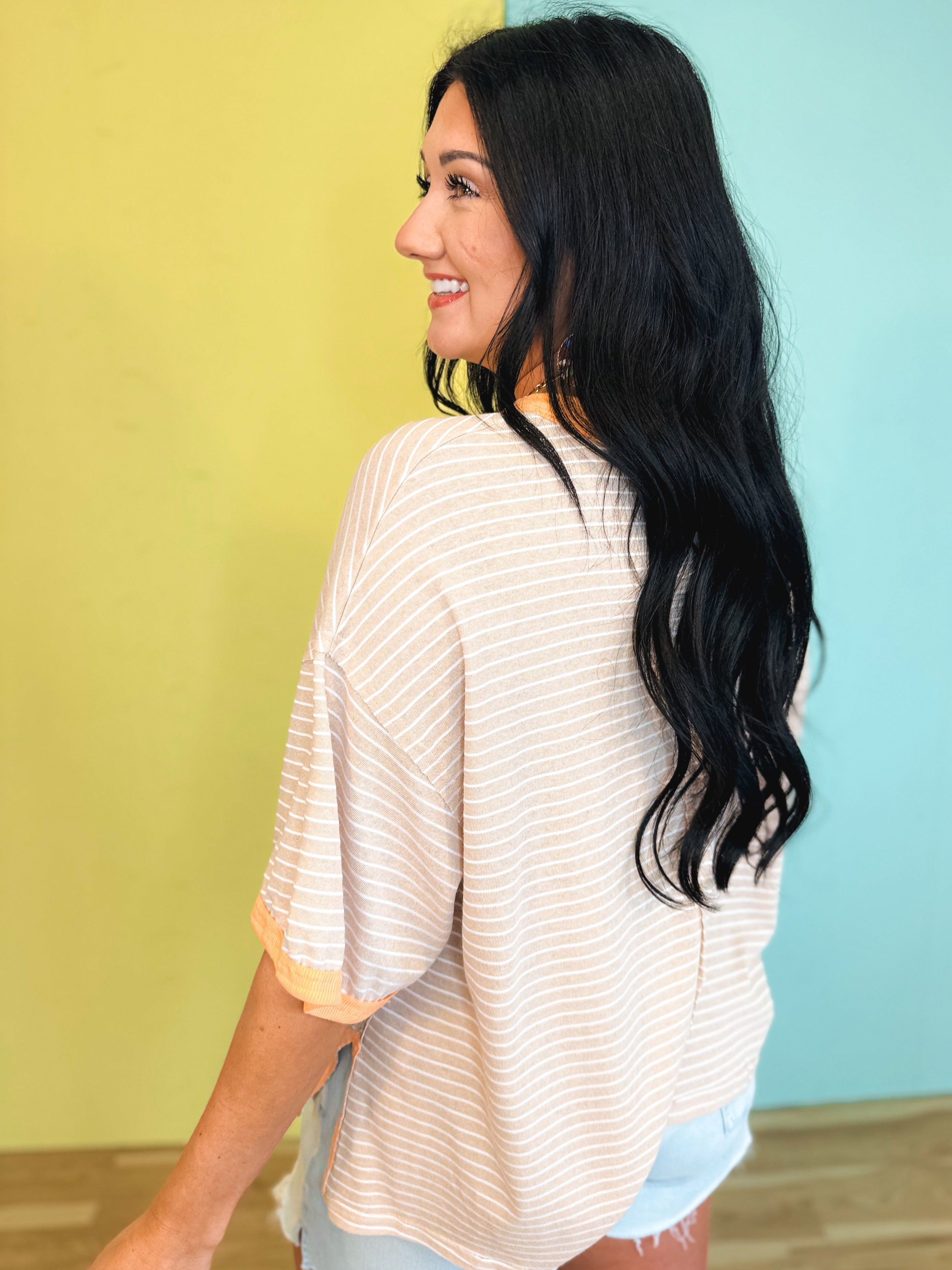 Striped Contrast Drop Sleeve Tee - Linen Multi - Lace and Grace Boutique
