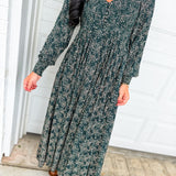 Smocked Button Detail Floral Print Maxi Dress - Dark Green