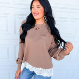 Lace Trim Thermal Knit Top - Latte