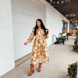 Fall Floral Printed Long Sleeve Midi Dress - Sand Multi