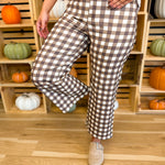 Gingham Wide Leg Crop Stretch Denim Pants - Brown Combo - Lace and Grace Boutique