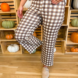 Gingham Wide Leg Crop Stretch Denim Pants - Brown Combo - Lace and Grace Boutique
