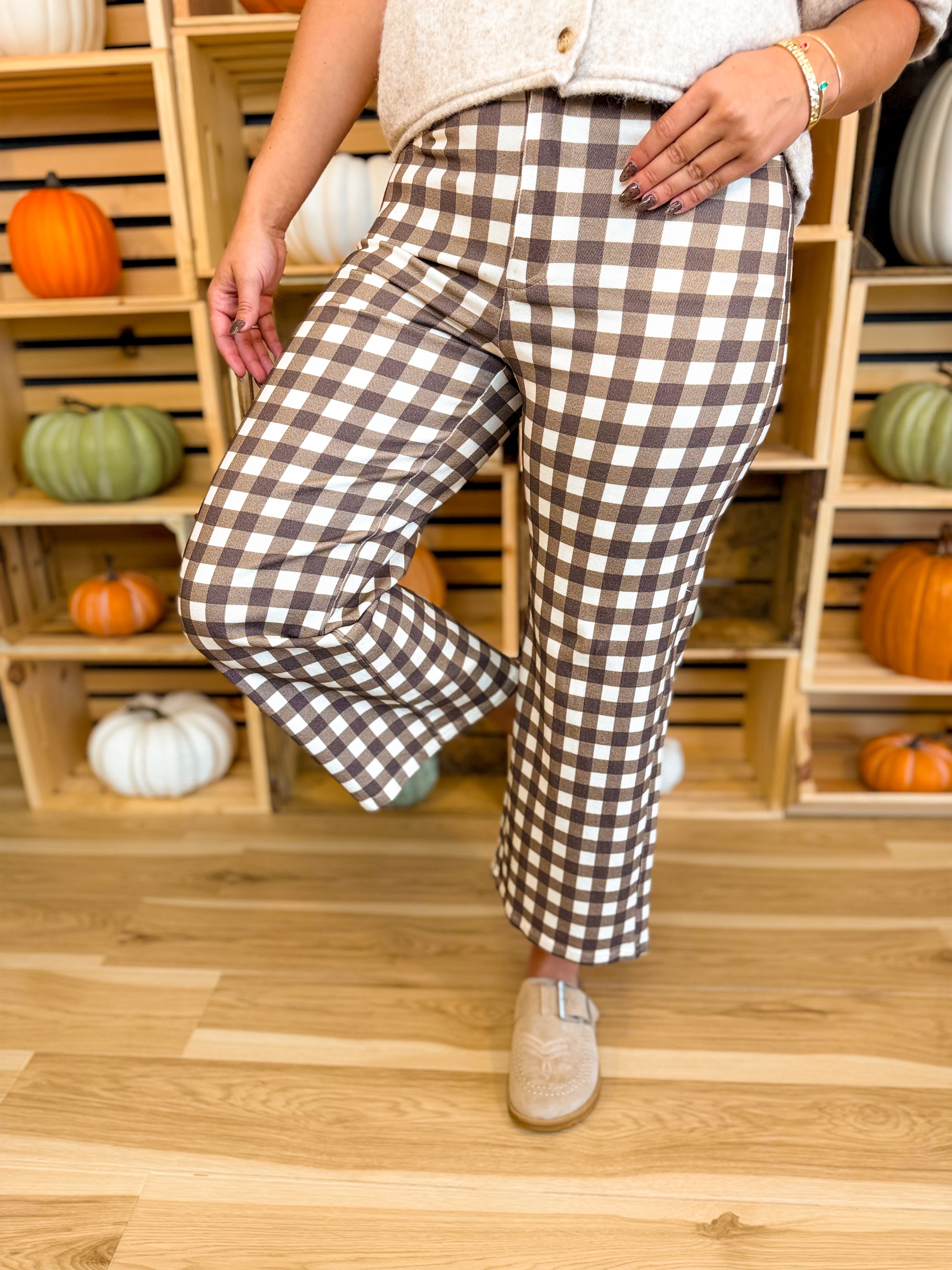Gingham Wide Leg Crop Stretch Denim Pants - Brown Combo - Lace and Grace Boutique