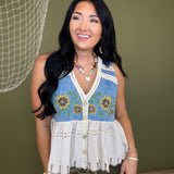 Oli & Hali Sunflower Embroidery Washed Denim Vest - Lace and Grace Boutique