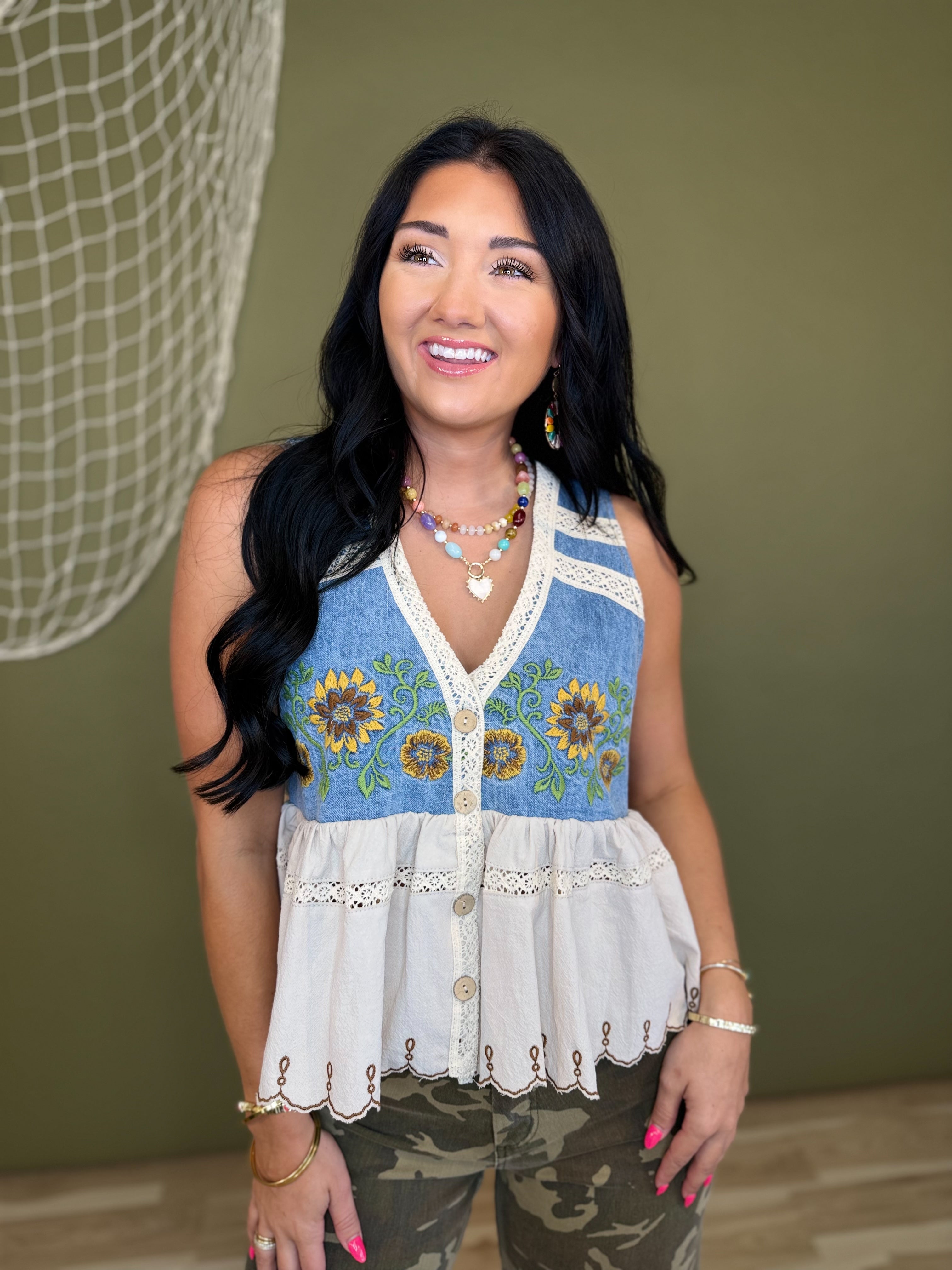 Oli & Hali Sunflower Embroidery Washed Denim Vest - Lace and Grace Boutique