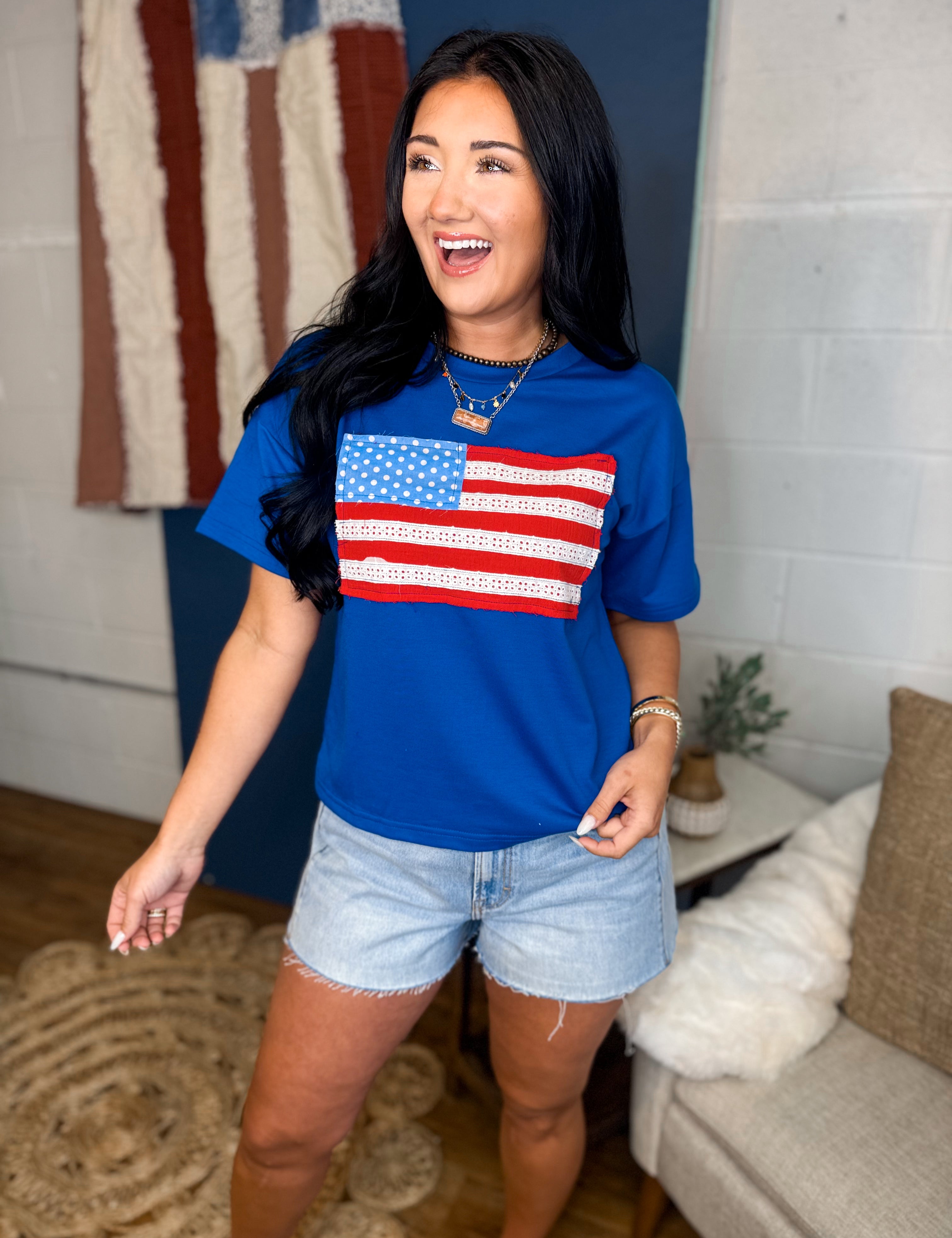 American Flag Patch T-Shirt - Blue - Lace and Grace Boutique