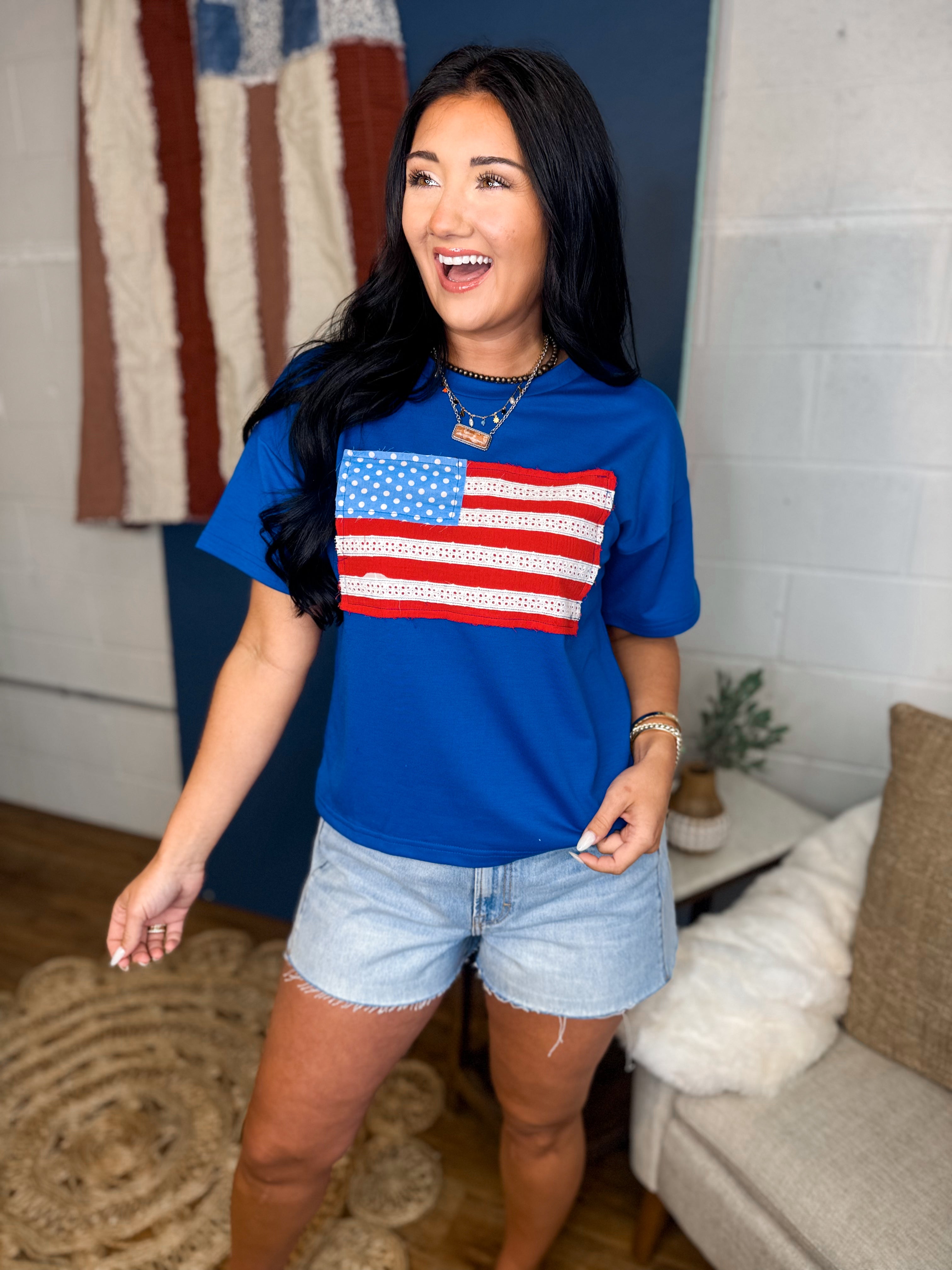 American Flag Patch T-Shirt - Blue - Lace and Grace Boutique