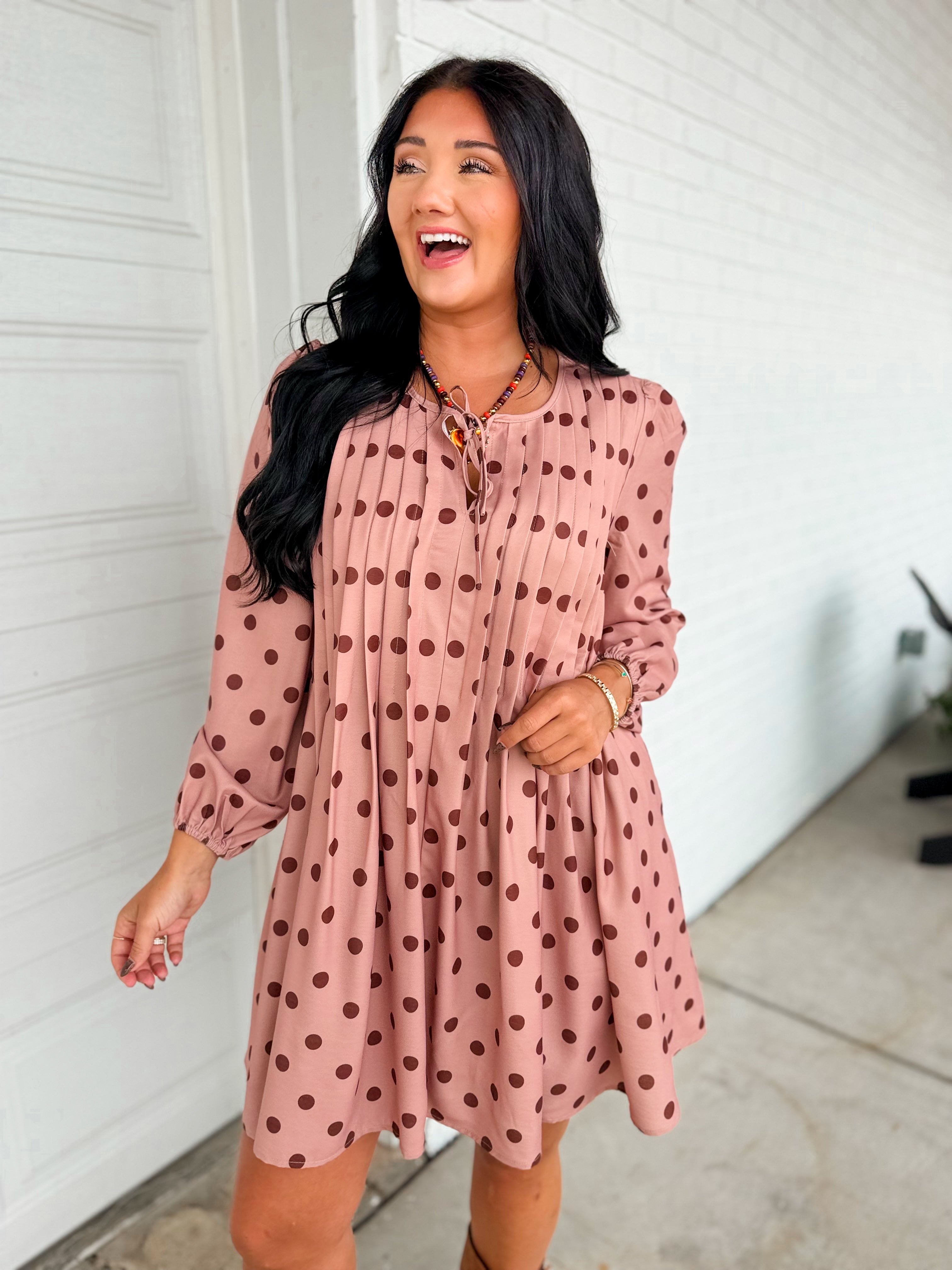 Polka Dot Pleated Long Sleeve Mini Shift Dress - Sienna - Lace and Grace Boutique