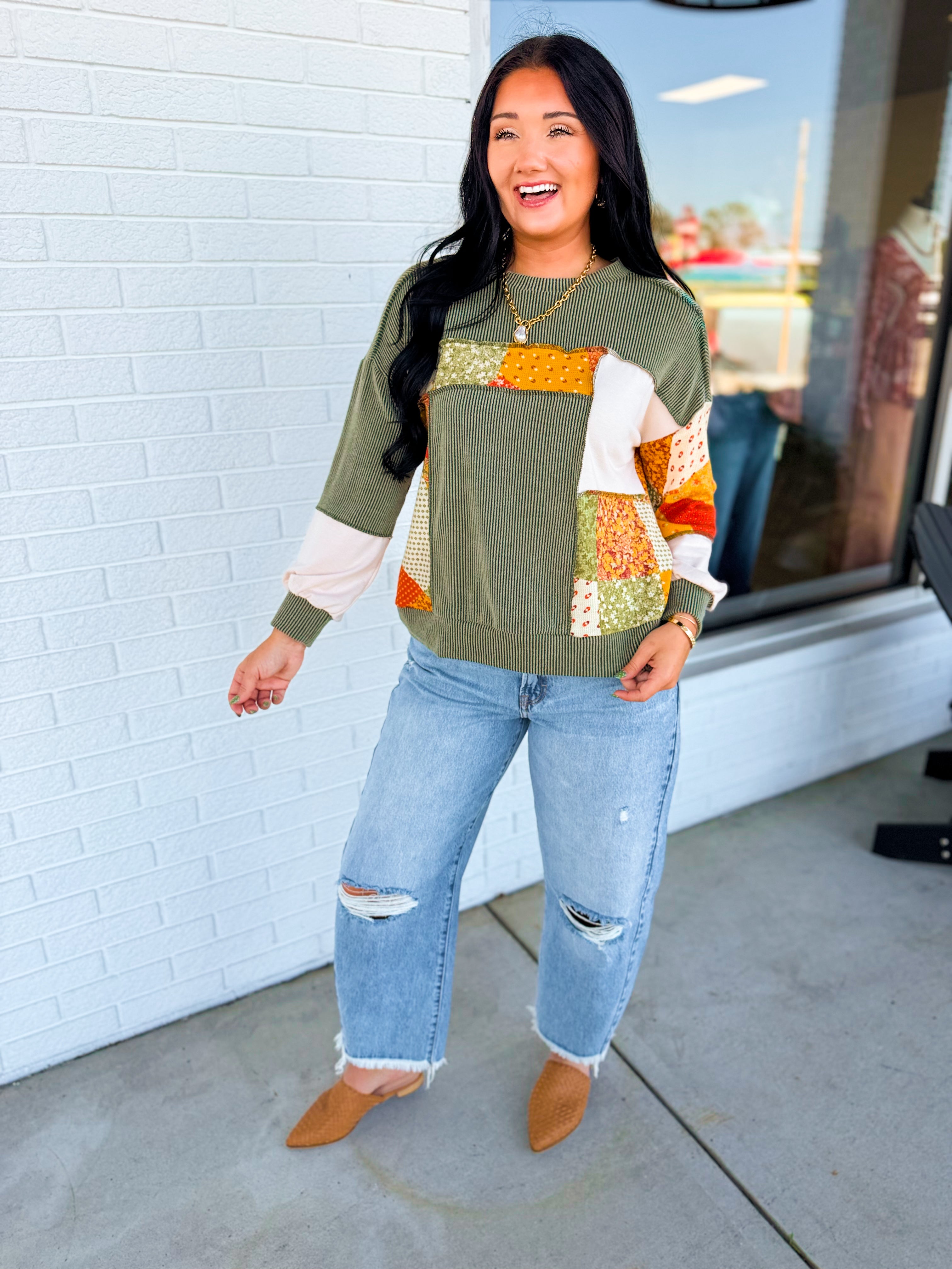 Bubble Sleeve Ribbed Patchwork Knit Top - Olive - Lace and Grace Boutique