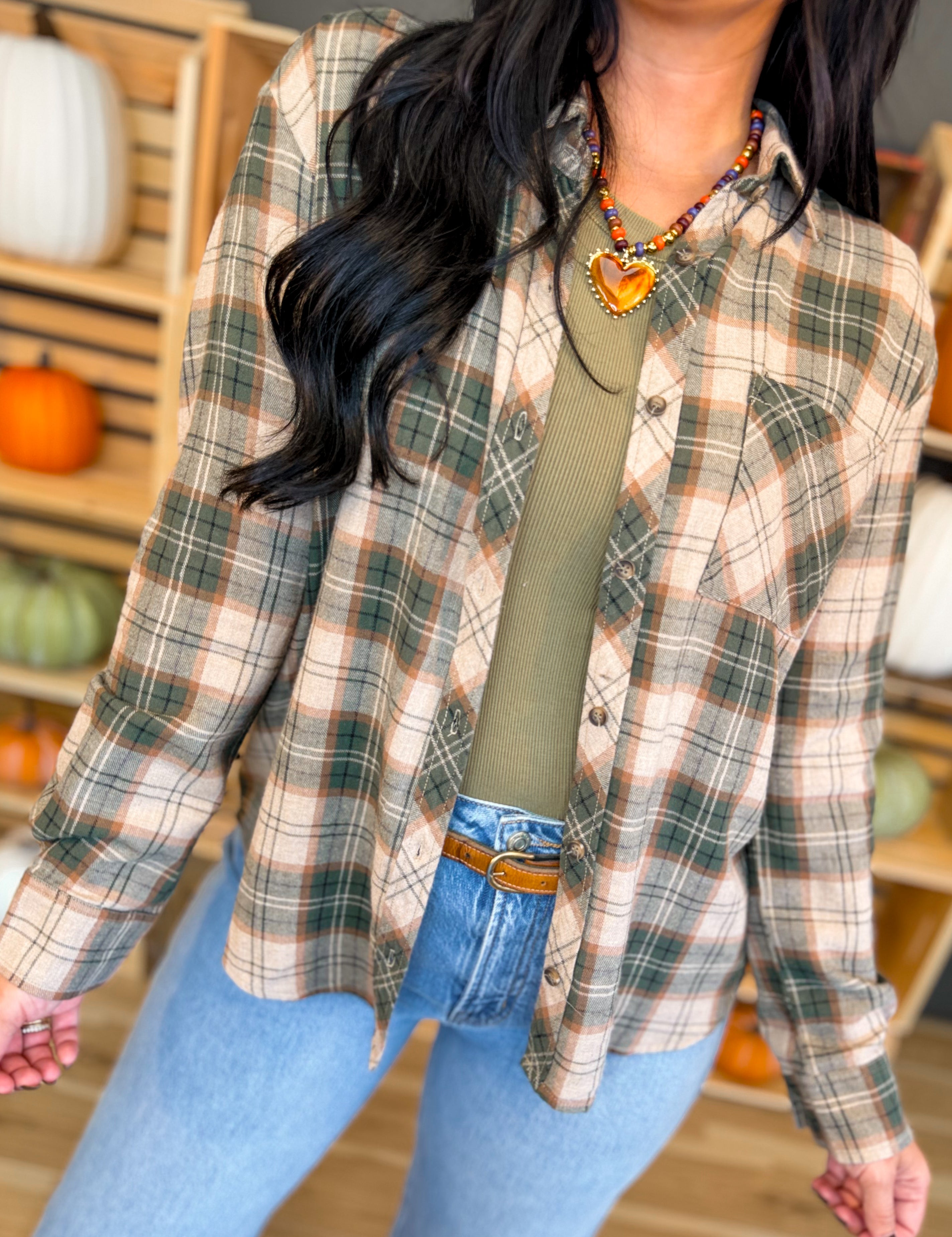 Oversized Plaid Flannel Shirt - Hunter - Lace and Grace Boutique