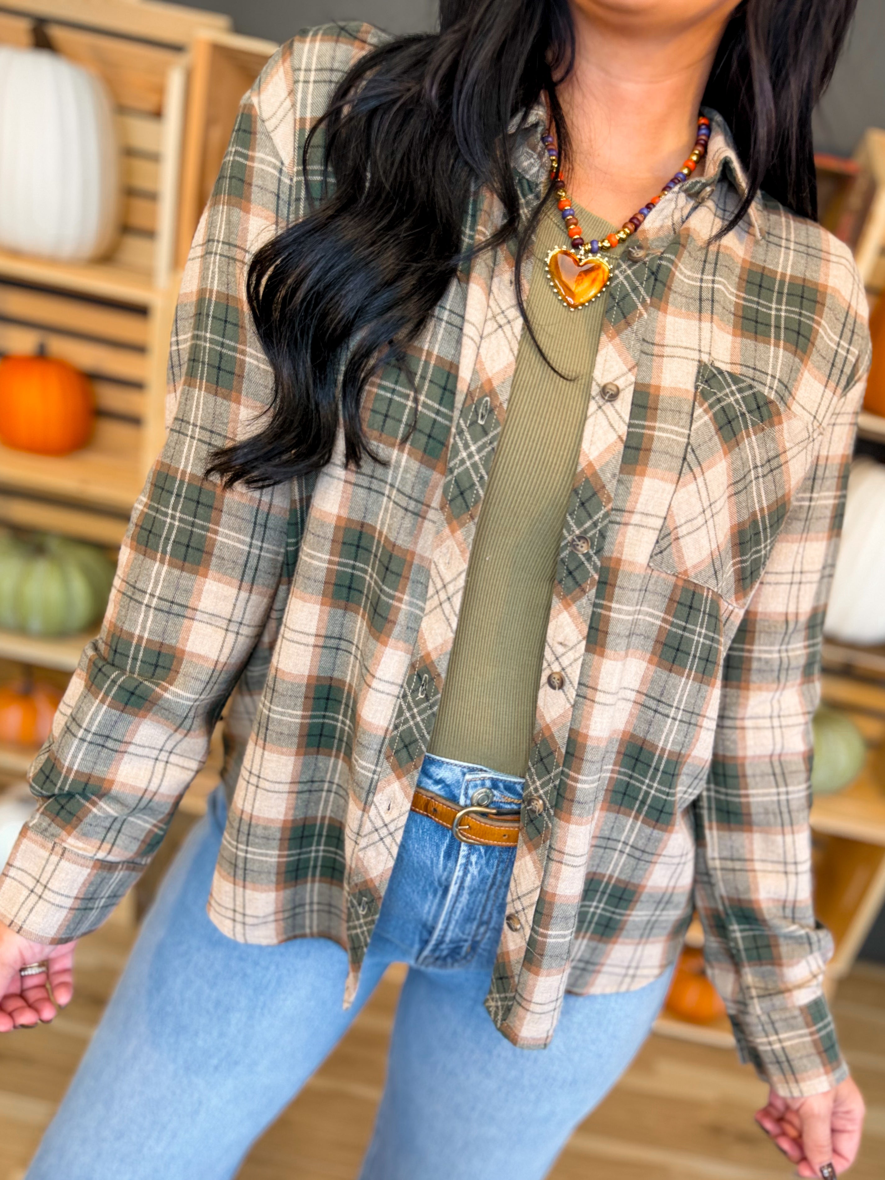Oversized Plaid Flannel Shirt - Hunter - Lace and Grace Boutique