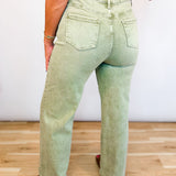 Washed High Rise Stretch Wide Leg Jeans - Olive