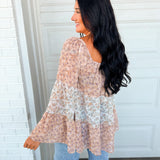 Floral Print Lace Detail Flowy Tiered Blouse - Mocha/Ivory