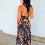 Floral Printed Chiffon Halter Maxi Dress - Midnight Teal