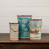 Vintage Winter Snowfall Tin Buckets, Set of 3
