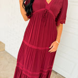 Lace Trim Front Tie Tiered Maxi Dress - Bordeaux