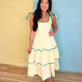Contrast Binding Tiered Midi Dress - Lemon Cream - Lace and Grace Boutique