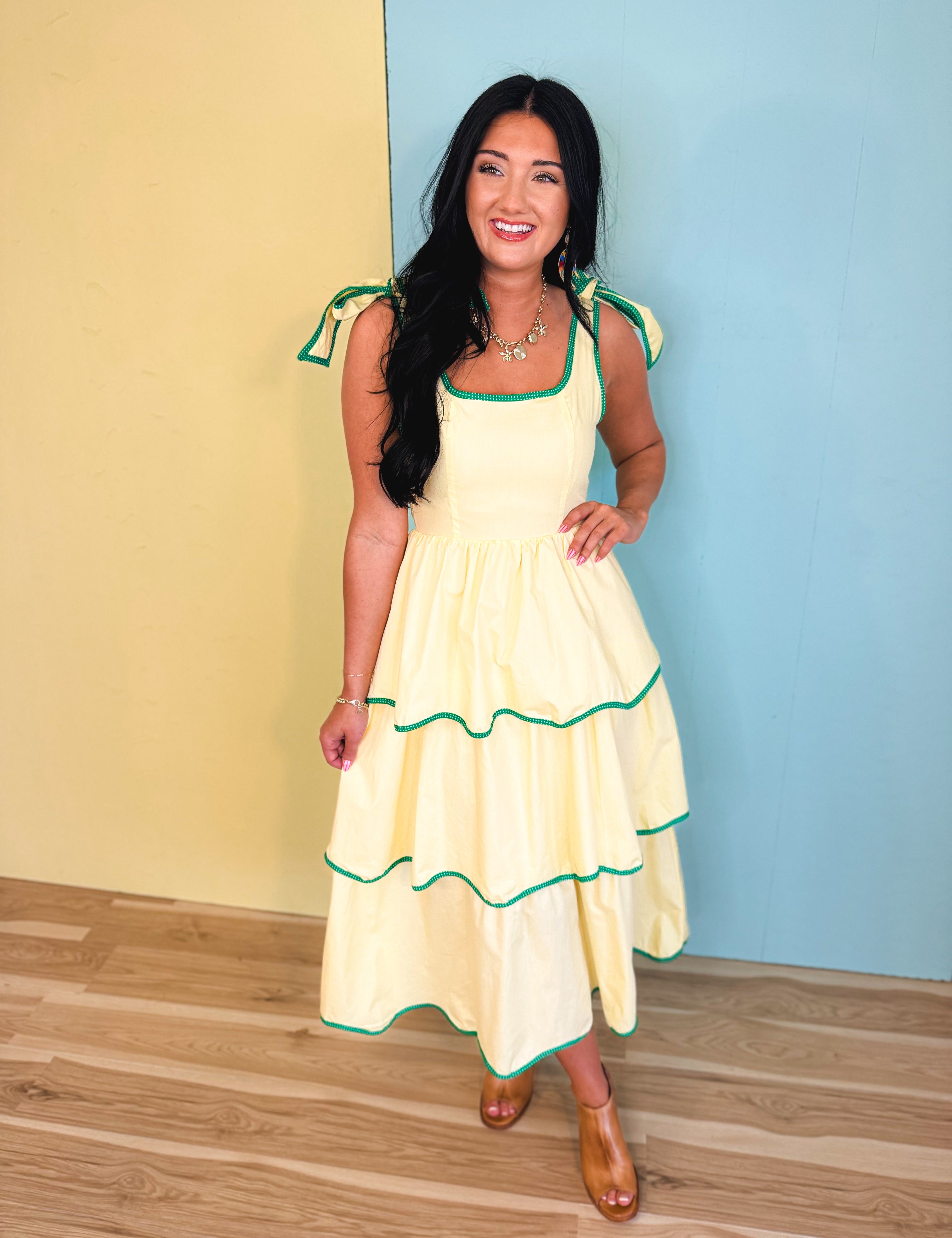 Contrast Binding Tiered Midi Dress - Lemon Cream - Lace and Grace Boutique