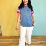 Ribbed Color Block Top - Denim Blue - Lace and Grace Boutique