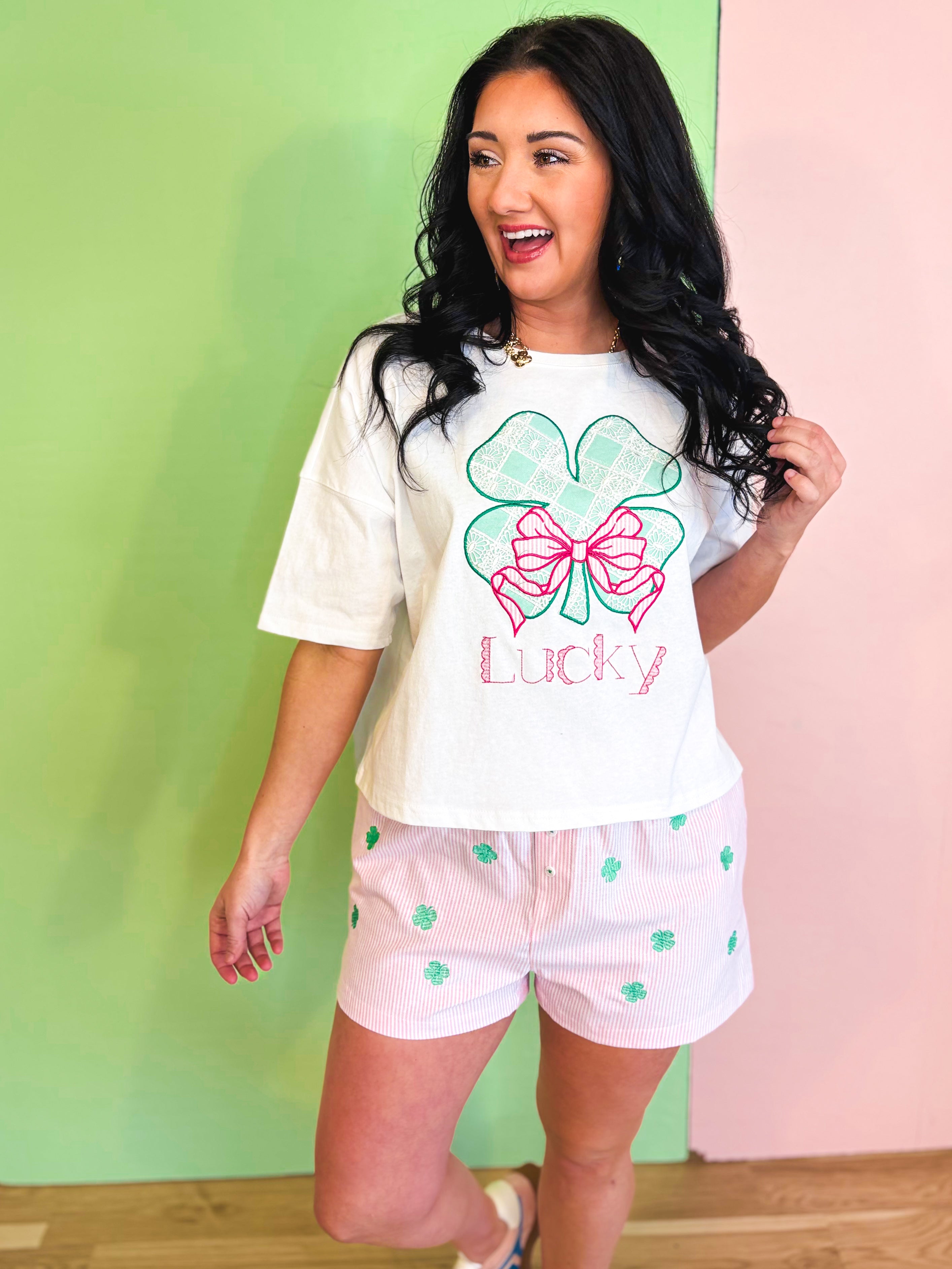 Lucky Clover Lace Checker Embroidered Crop Top - Off White - Lace and Grace Boutique