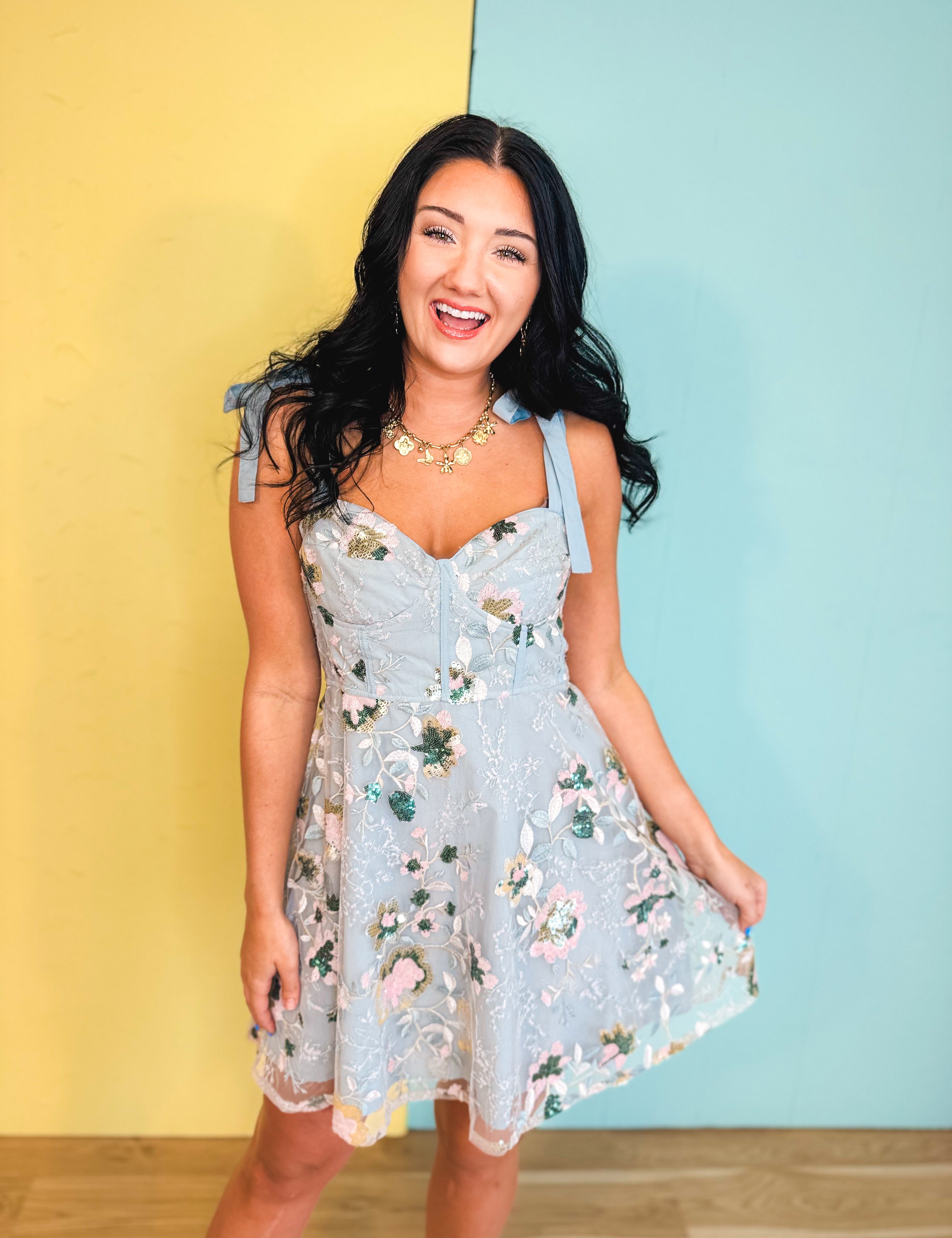 Sequin Embroidered Mini Dress - Blue Aura - Lace and Grace Boutique