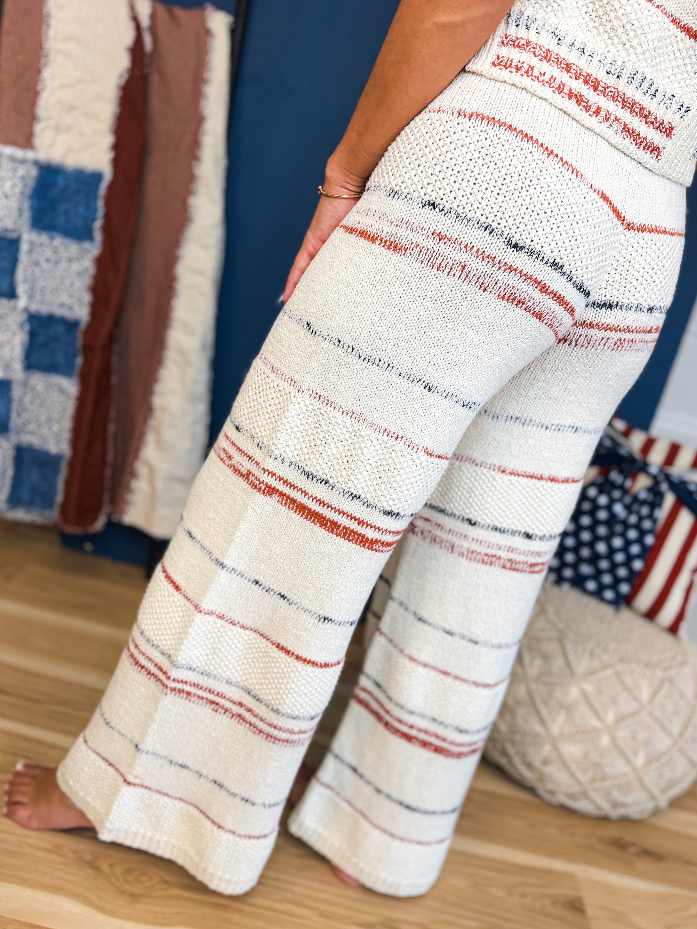 Textured Stripe Pattern Knit Pants - Cream Multi - Lace and Grace Boutique