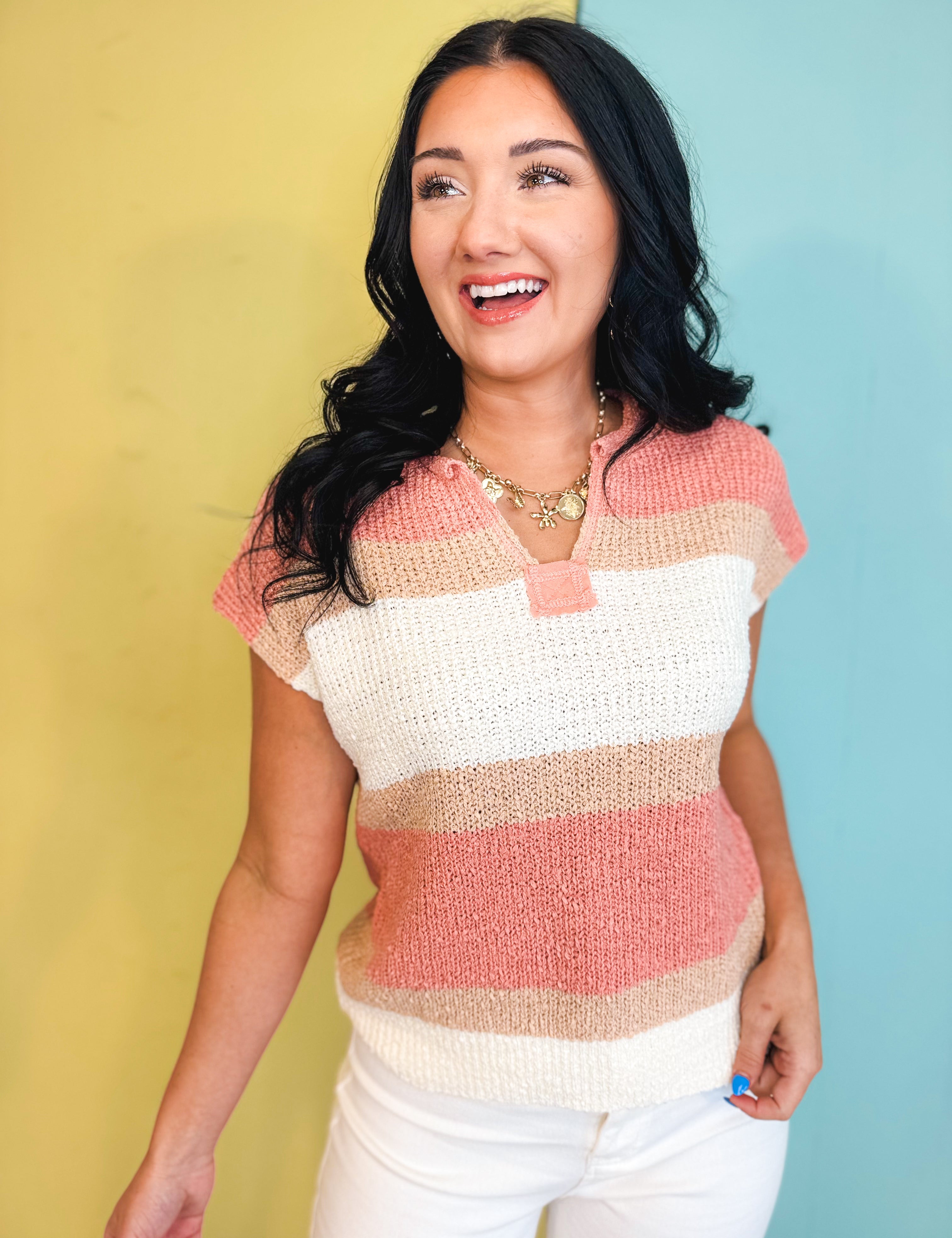Color Block Textured Sweater Top - Peach/Ivory - Lace and Grace Boutique
