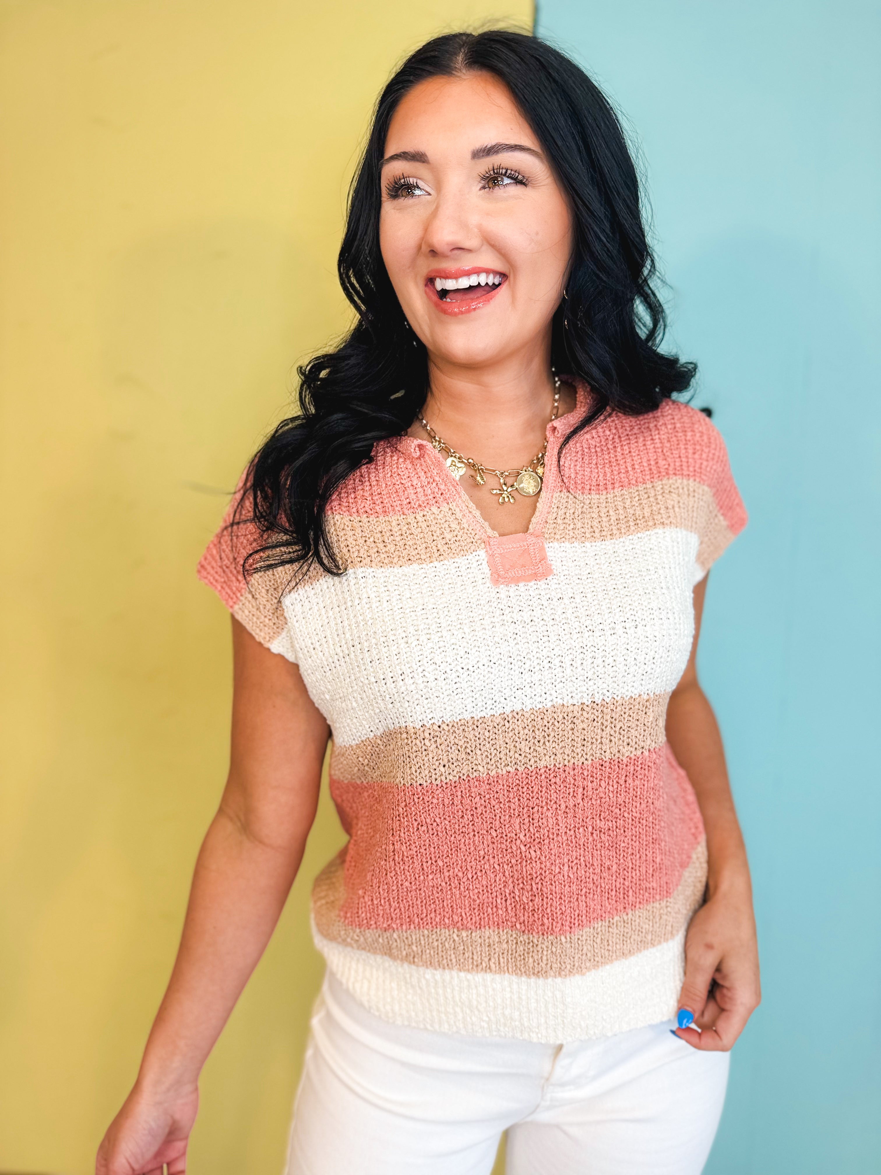 Color Block Textured Sweater Top - Peach/Ivory - Lace and Grace Boutique