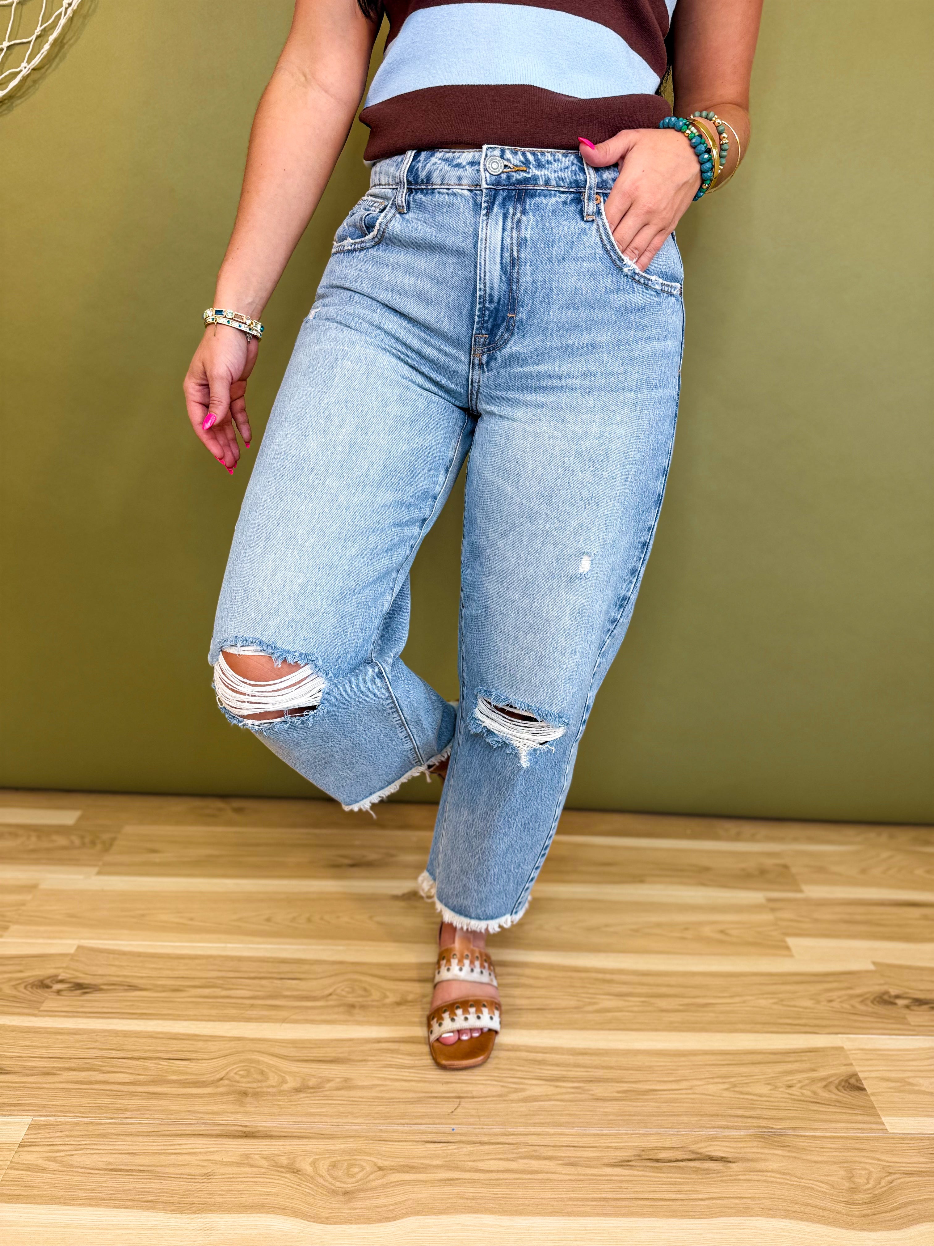 Hidden Distressed Cropped Barrel Jean - Light Wash - Lace and Grace Boutique