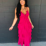 Lace Trim Tiered Midi Dress - Hot Pink - Lace and Grace Boutique