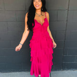 Lace Trim Tiered Midi Dress - Hot Pink - Lace and Grace Boutique