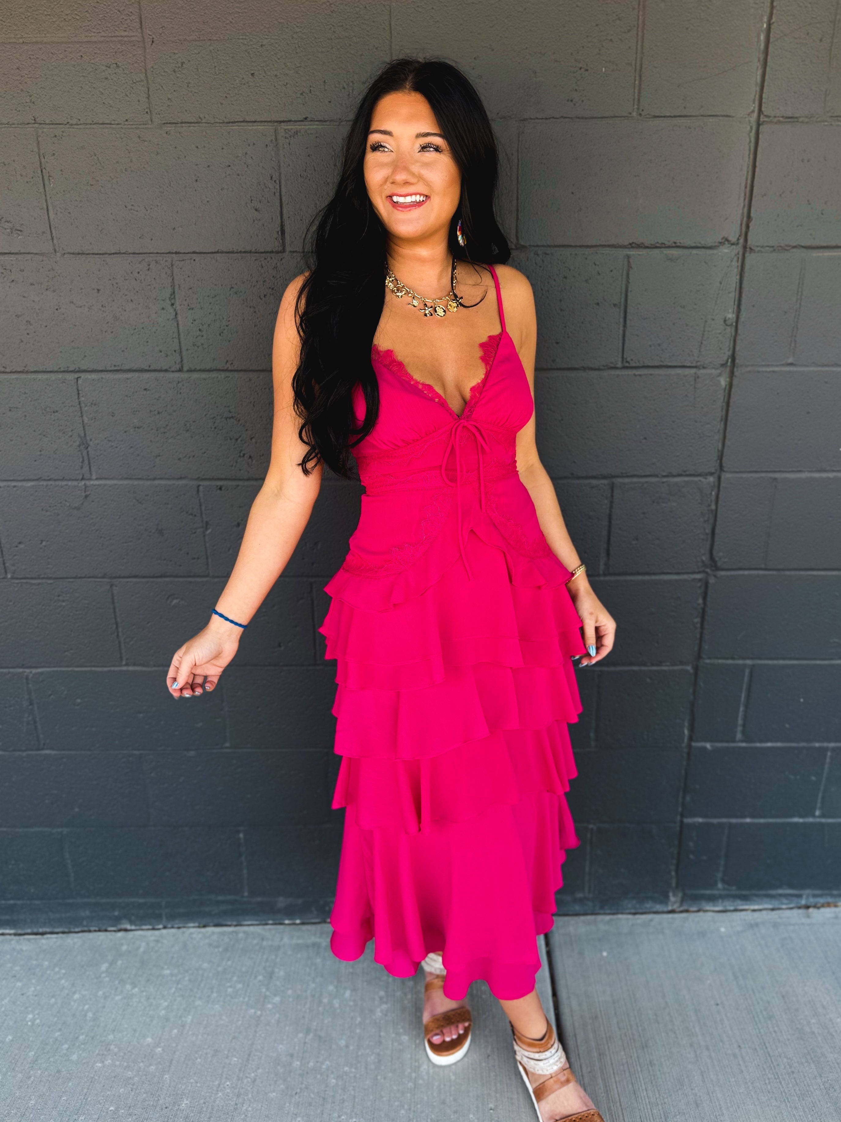 Lace Trim Tiered Midi Dress