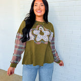 Floral Patch & Plaid Detail Long Sleeve Top - Olive - Lace and Grace Boutique