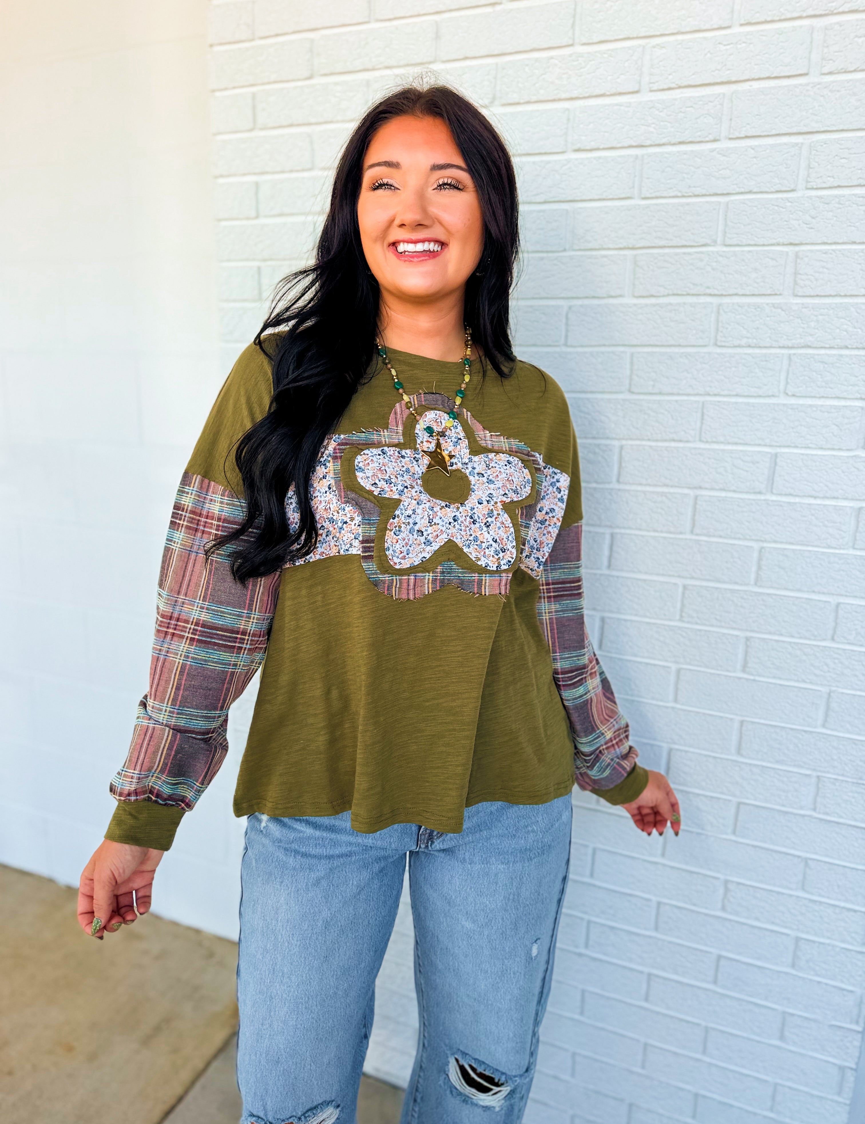 Floral Patch & Plaid Detail Long Sleeve Top - Olive - Lace and Grace Boutique