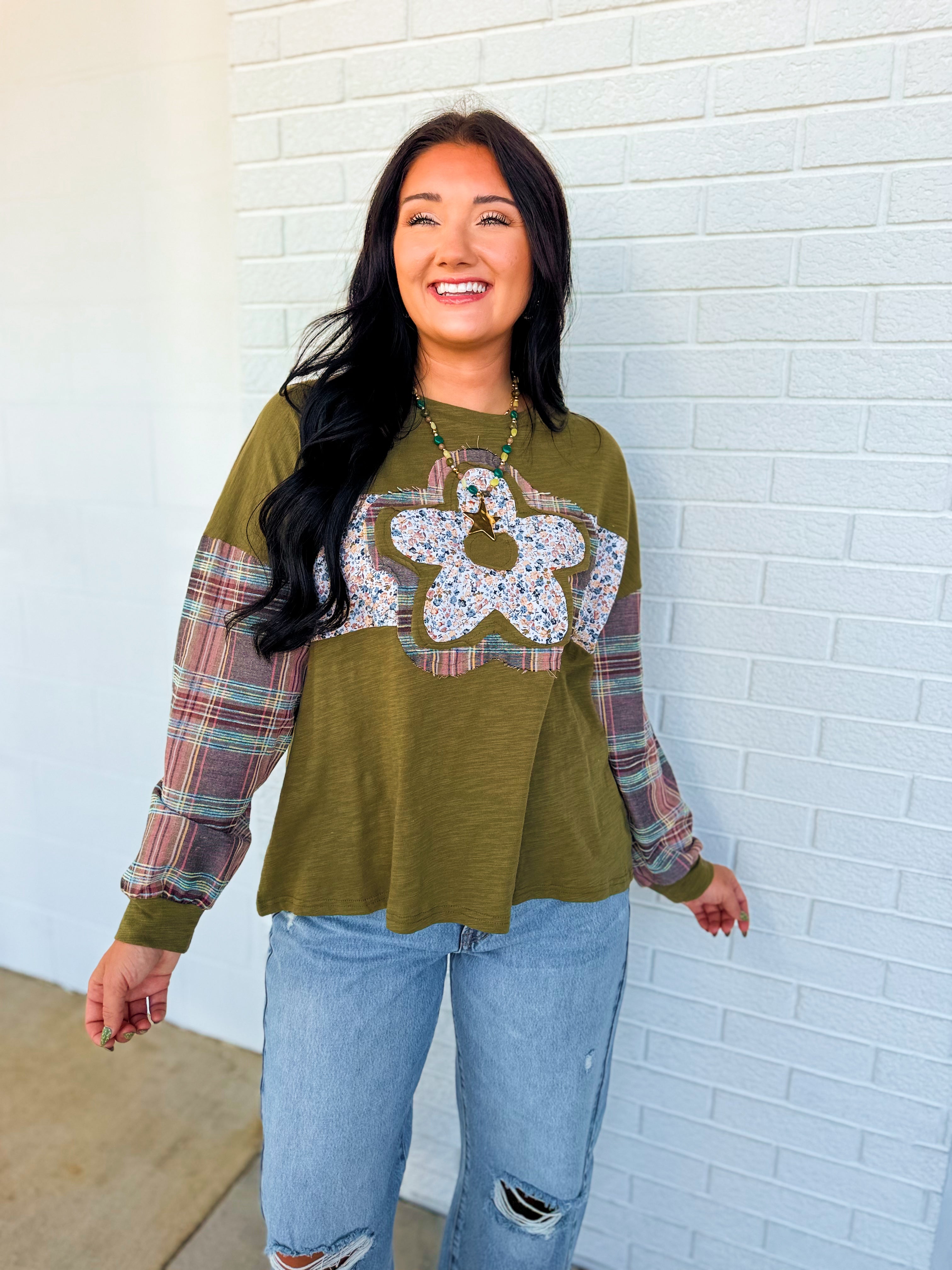 Floral Patch & Plaid Detail Long Sleeve Top - Olive - Lace and Grace Boutique