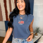 USA Embroidered Muscle Tee - Washed Navy - Lace and Grace Boutique