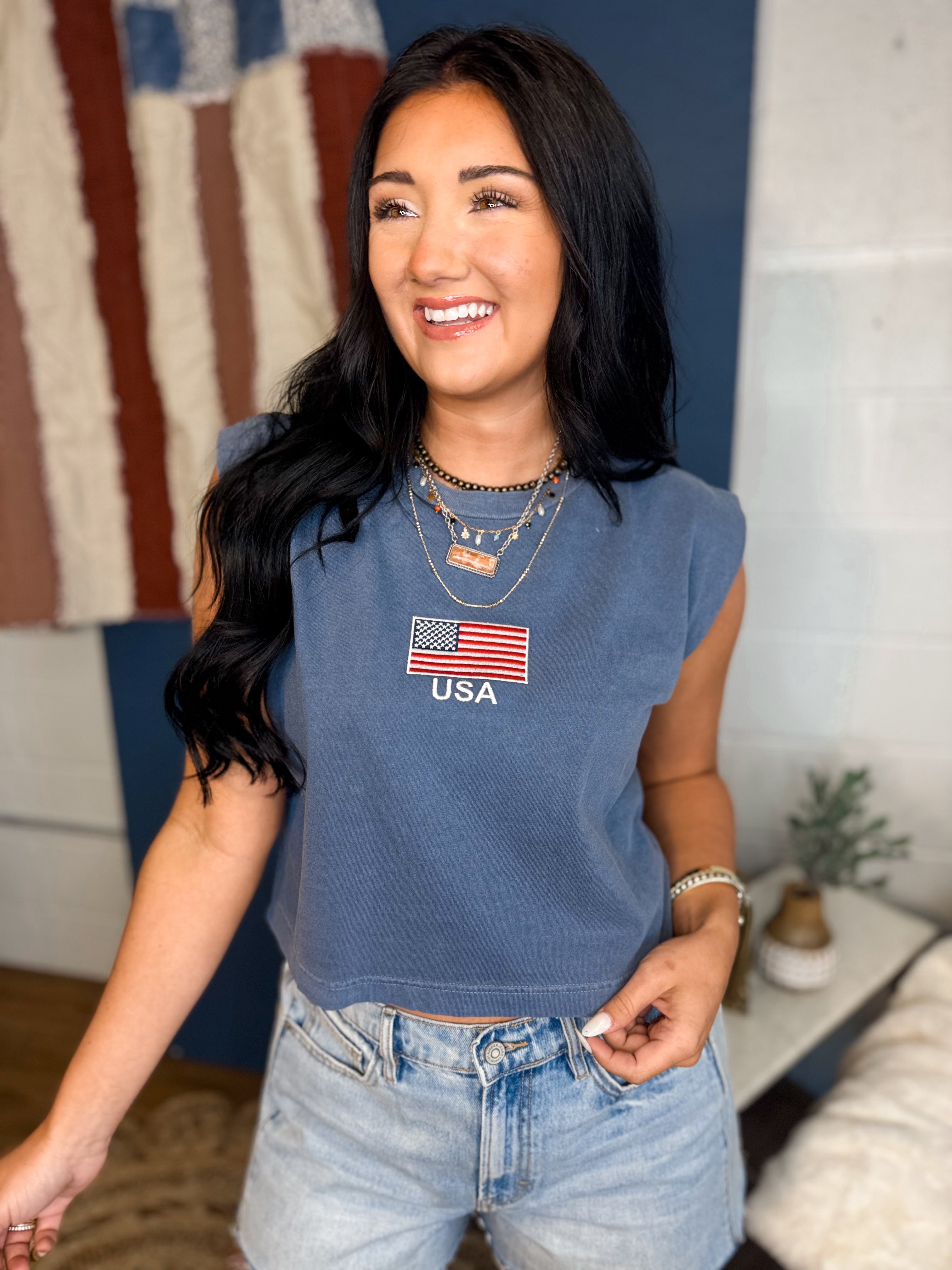 USA Embroidered Muscle Tee - Washed Navy - Lace and Grace Boutique