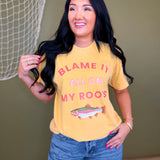 Blame It All On My Roots Trout Graphic Tee - Mustard - Lace and Grace Boutique
