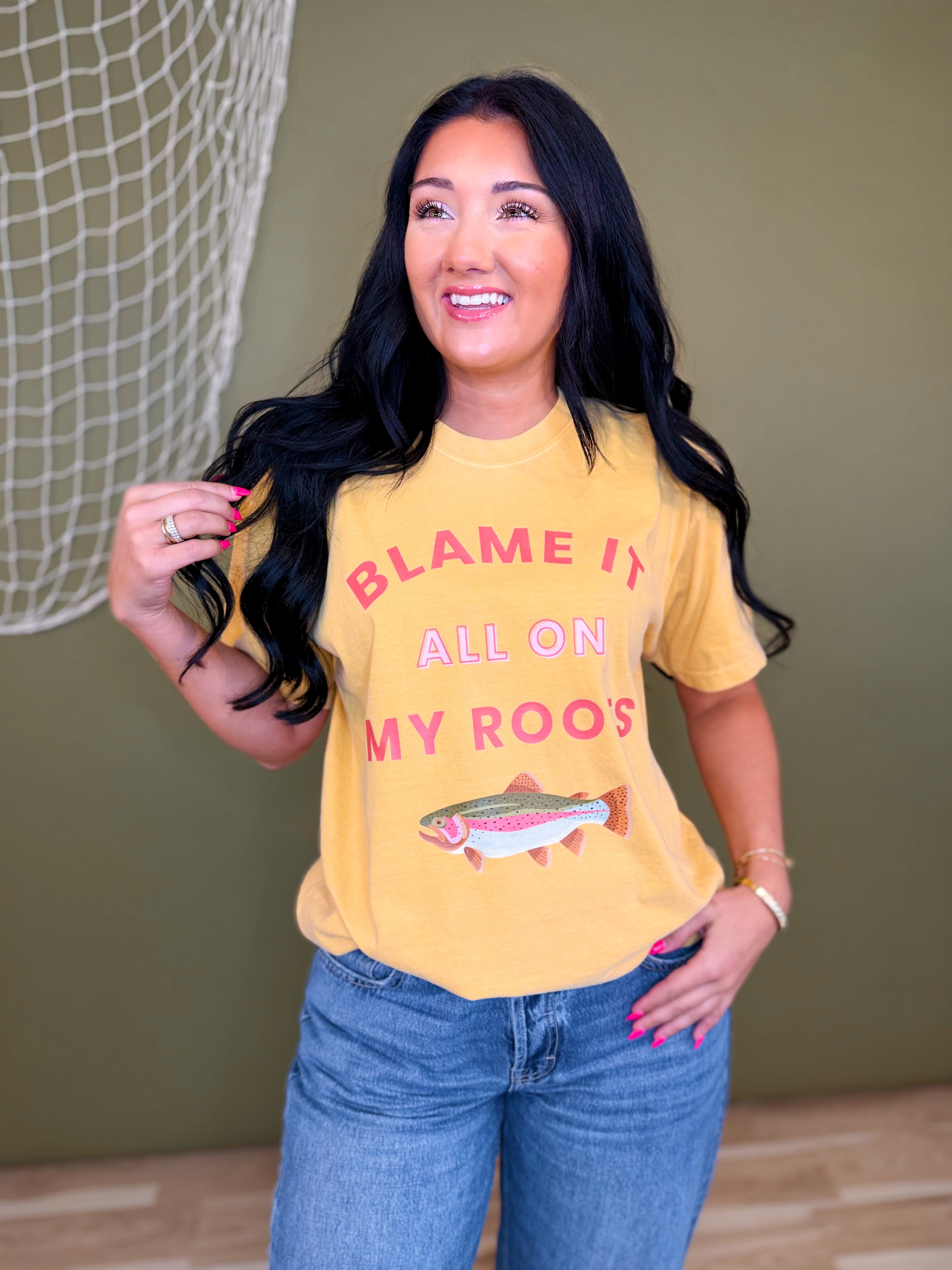 Blame It All On My Roots Trout Graphic Tee - Mustard - Lace and Grace Boutique