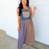Mixed Plaid Denim Overall Maxi Dress - Multicolor