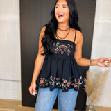 Floral Embroidered Peplum Tank Top - Black - Lace and Grace Boutique