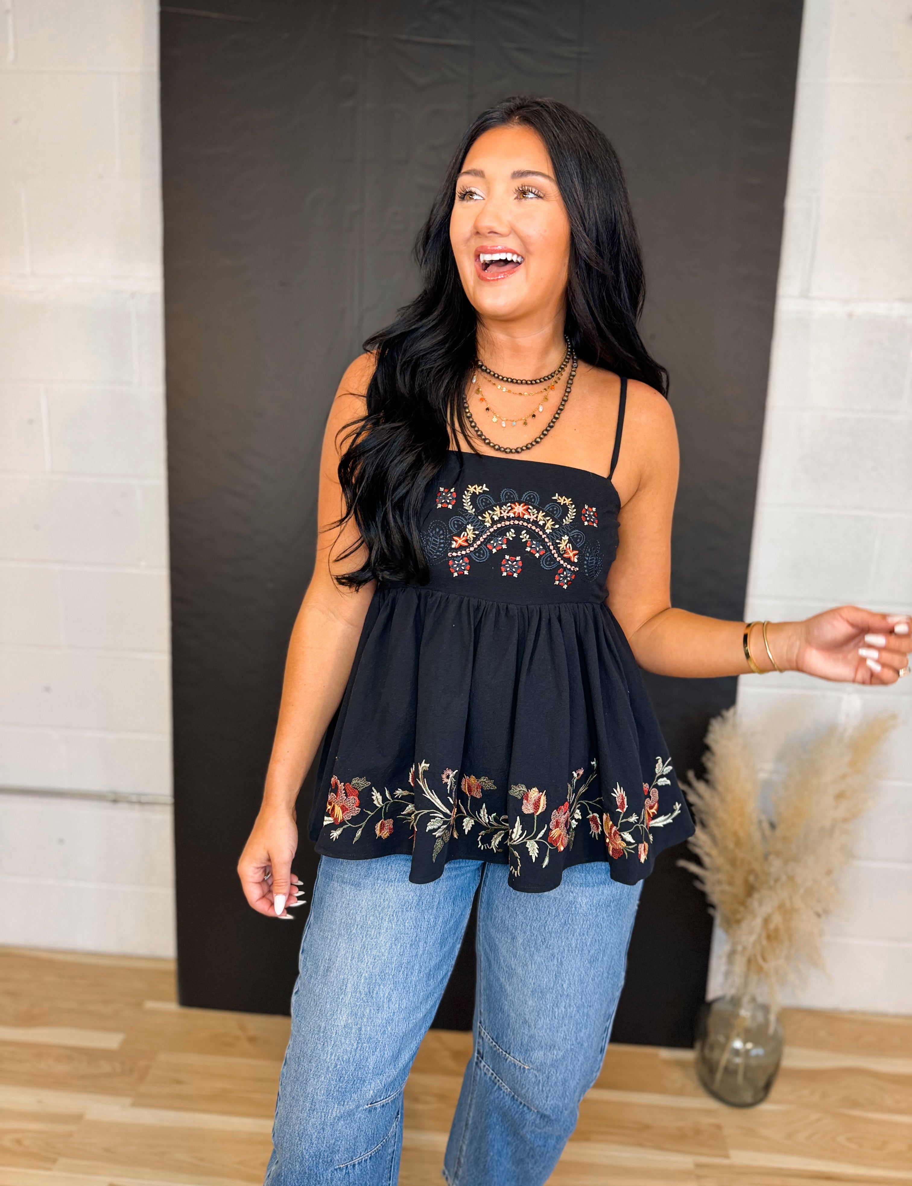 Floral Embroidered Peplum Tank Top - Black - Lace and Grace Boutique